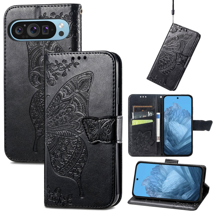 For Google Pixel 9 Butterfly Love Flower Embossed Leather Phone Case(Black)