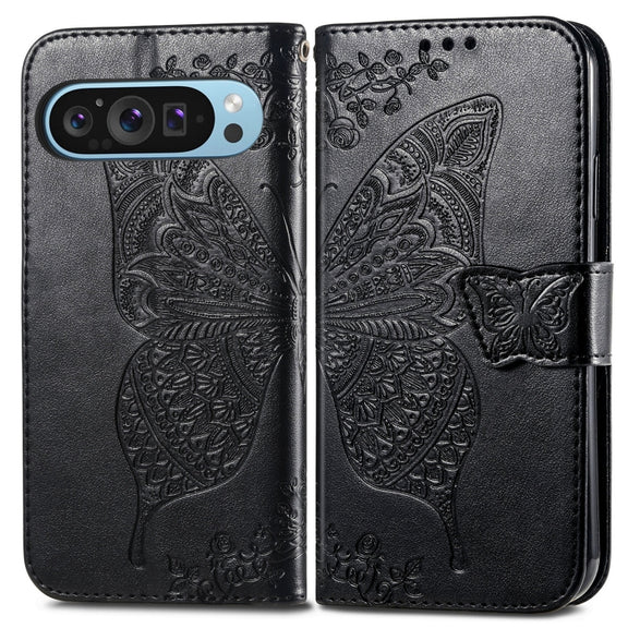For Google Pixel 9 Butterfly Love Flower Embossed Leather Phone Case(Black)