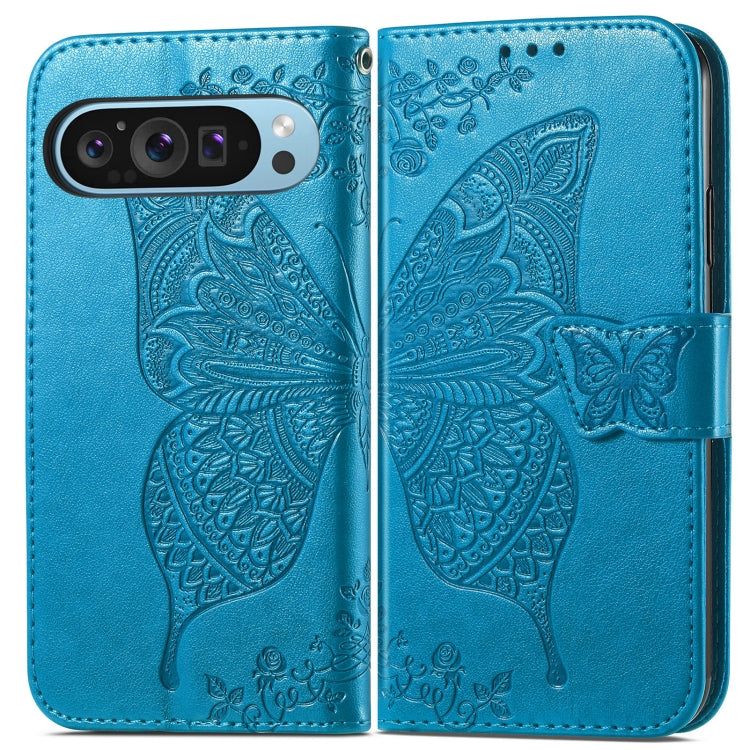 For Google Pixel 9 Butterfly Love Flower Embossed Leather Phone Case(Blue)
