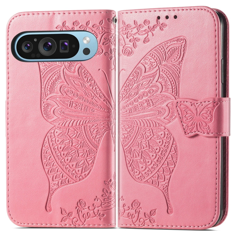 For Google Pixel 9 Butterfly Love Flower Embossed Leather Phone Case(Pink)