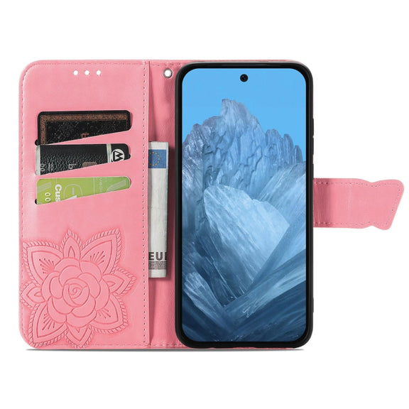 For Google Pixel 9 Butterfly Love Flower Embossed Leather Phone Case(Pink)