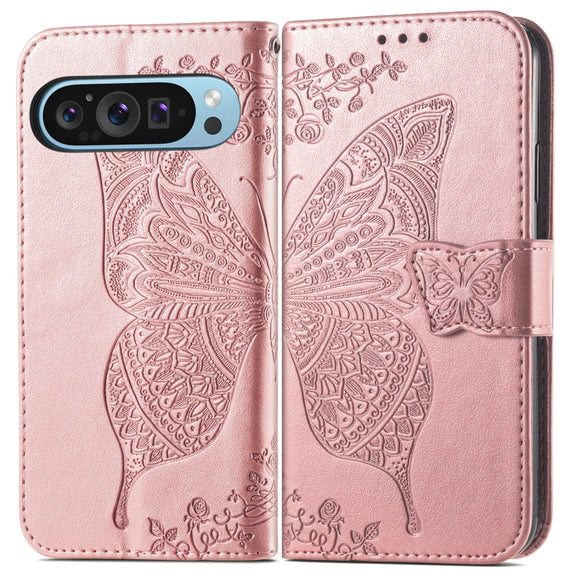 For Google Pixel 9 Butterfly Love Flower Embossed Leather Phone Case(Rose Gold)