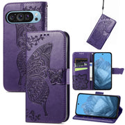 For Google Pixel 9 Butterfly Love Flower Embossed Leather Phone Case(Dark Purple)