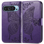 For Google Pixel 9 Butterfly Love Flower Embossed Leather Phone Case(Dark Purple)