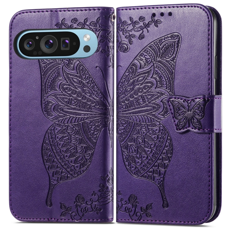 For Google Pixel 9 Butterfly Love Flower Embossed Leather Phone Case(Dark Purple)