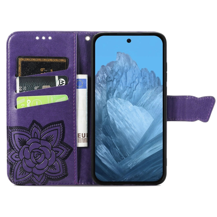 For Google Pixel 9 Butterfly Love Flower Embossed Leather Phone Case(Dark Purple)