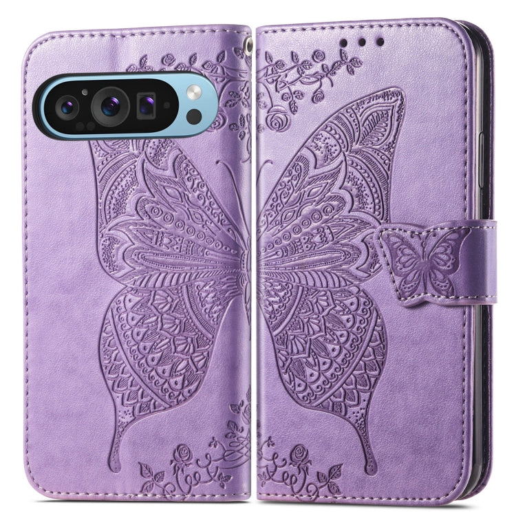 For Google Pixel 9 Butterfly Love Flower Embossed Leather Phone Case(Light Purple)