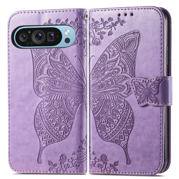 For Google Pixel 9 Butterfly Love Flower Embossed Leather Phone Case(Light Purple)