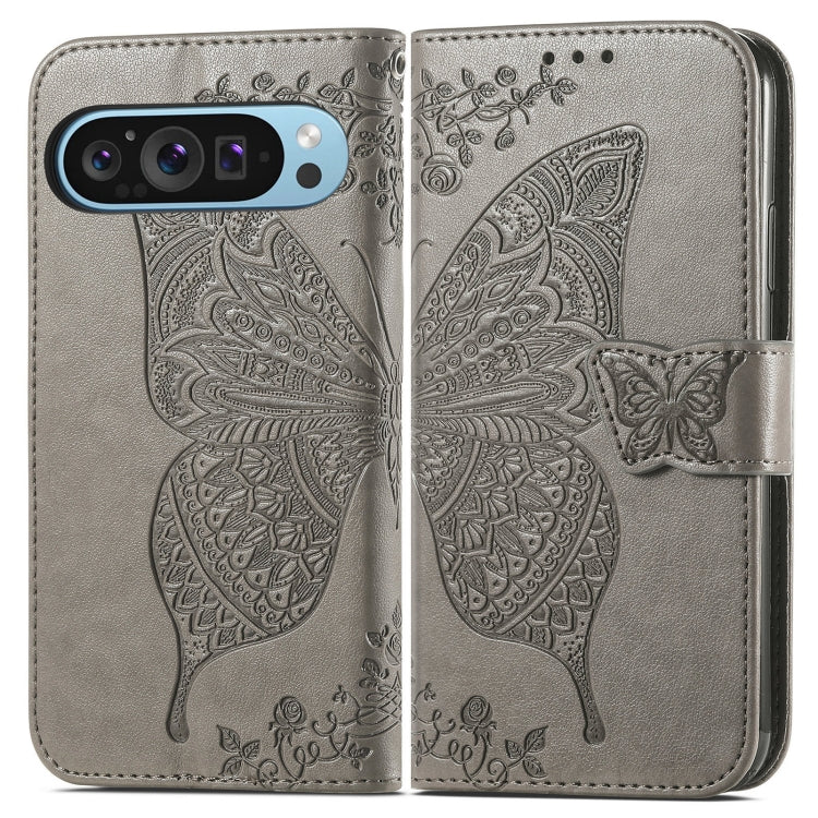 For Google Pixel 9 Butterfly Love Flower Embossed Leather Phone Case(Gray)