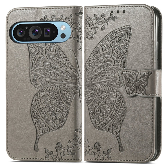 For Google Pixel 9 Butterfly Love Flower Embossed Leather Phone Case(Gray)