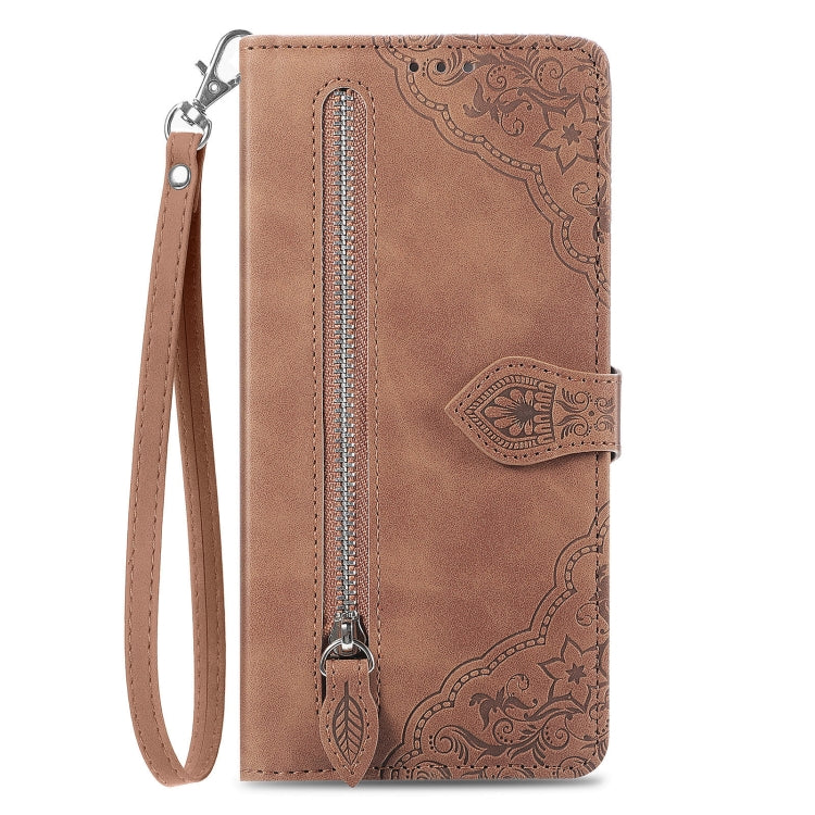 For Google Pixel 9 Pro Embossed Flower Zipper Leather Phone Case(Brown)