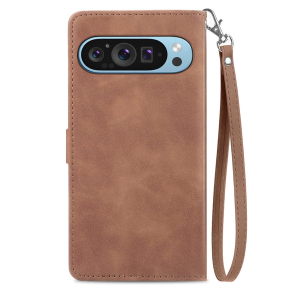 For Google Pixel 9 Pro Embossed Flower Zipper Leather Phone Case(Brown)