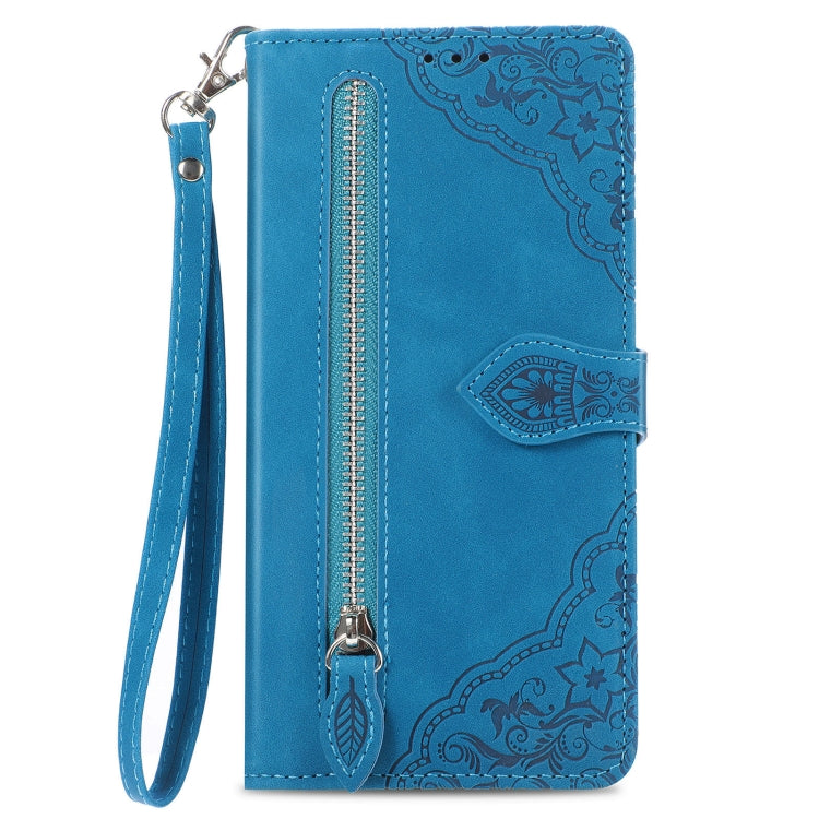 For Google Pixel 9 Pro Embossed Flower Zipper Leather Phone Case(Blue)