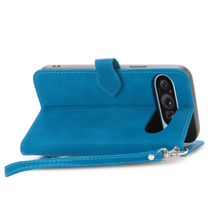 For Google Pixel 9 Pro Embossed Flower Zipper Leather Phone Case(Blue)