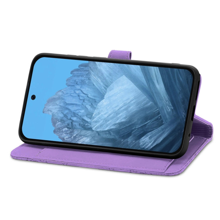 For Google Pixel 9 Pro Embossed Flower Zipper Leather Phone Case(Purple)