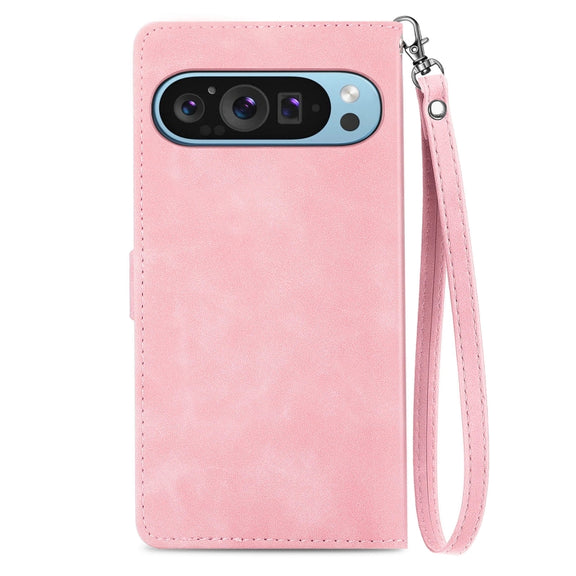 For Google Pixel 9 Pro Embossed Flower Zipper Leather Phone Case(Pink)