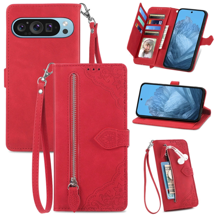 For Google Pixel 9 Pro Embossed Flower Zipper Leather Phone Case(Red)