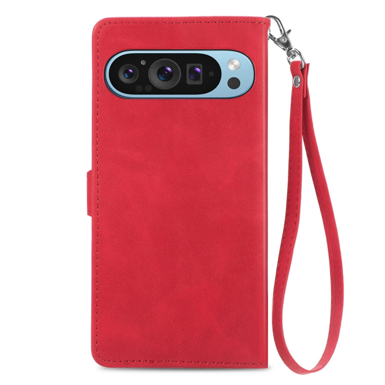 For Google Pixel 9 Pro Embossed Flower Zipper Leather Phone Case(Red)