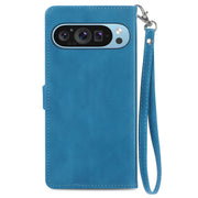 For Google Pixel 9 Embossed Flower Zipper Leather Phone Case(Blue)