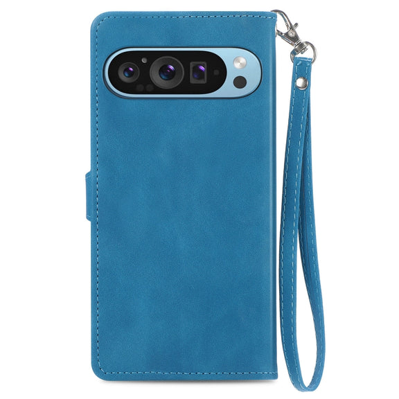 For Google Pixel 9 Embossed Flower Zipper Leather Phone Case(Blue)