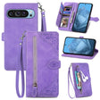 For Google Pixel 9 Embossed Flower Zipper Leather Phone Case(Purple) - Google Cases by PMC TechLife | Online Shopping South Africa | PMC TechLife | Buy Now Pay Later Mobicred