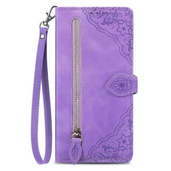 For Google Pixel 9 Embossed Flower Zipper Leather Phone Case(Purple)