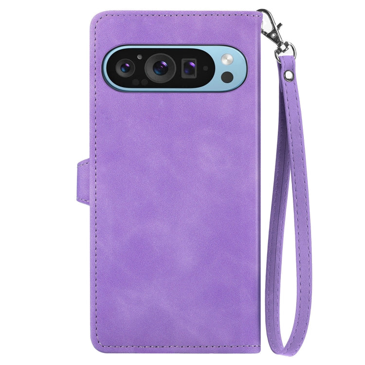 For Google Pixel 9 Embossed Flower Zipper Leather Phone Case(Purple)