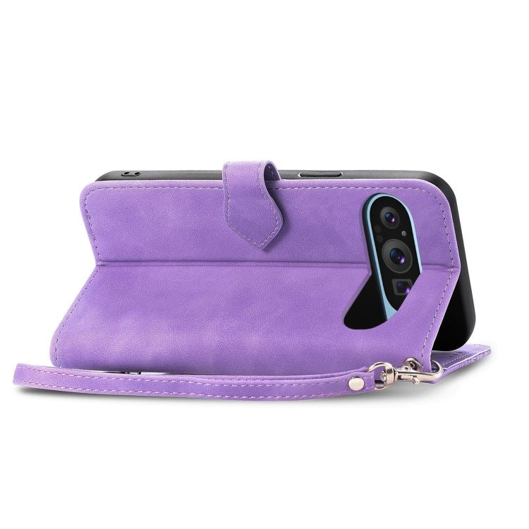 For Google Pixel 9 Embossed Flower Zipper Leather Phone Case(Purple)
