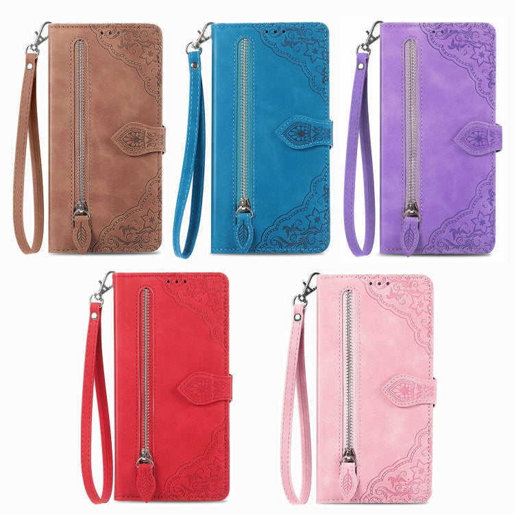 For Google Pixel 9 Pro Embossed Flower Zipper Leather Phone Case(Brown)