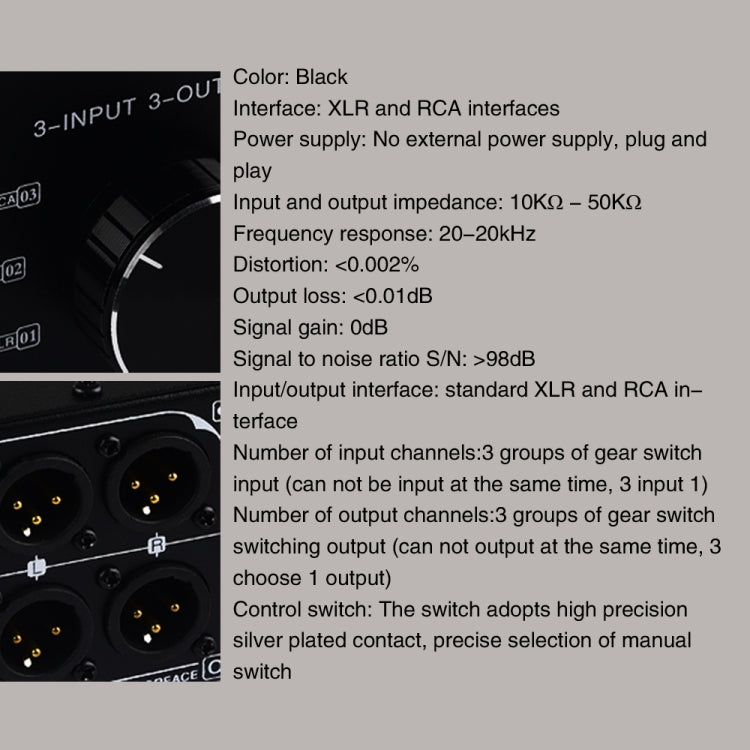 B033 3 Input To 3 Output Fully Balanced XLR Signal Passive Stereo Selector Switch Switcher