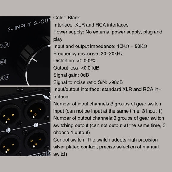 B033 3 Input To 3 Output Fully Balanced XLR Signal Passive Stereo Selector Switch Switcher