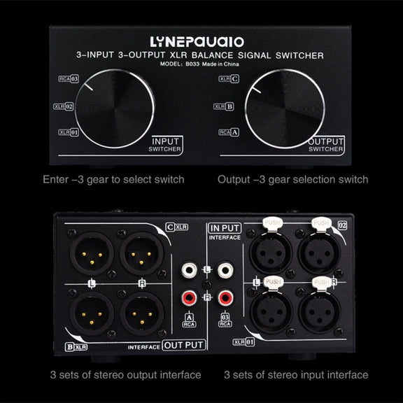 B033 3 Input To 3 Output Fully Balanced XLR Signal Passive Stereo Selector Switch Switcher