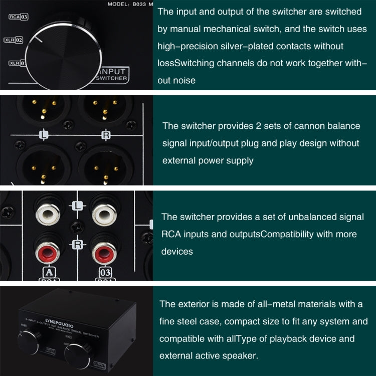 B033 3 Input To 3 Output Fully Balanced XLR Signal Passive Stereo Selector Switch Switcher