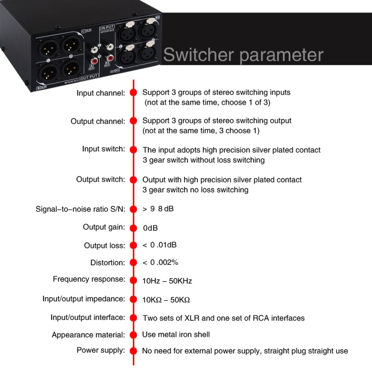 B033 3 Input To 3 Output Fully Balanced XLR Signal Passive Stereo Selector Switch Switcher
