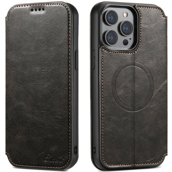 For iPhone 12 / 12 Pro Suteni J05 Leather Magnetic Magsafe Phone Case(Black)