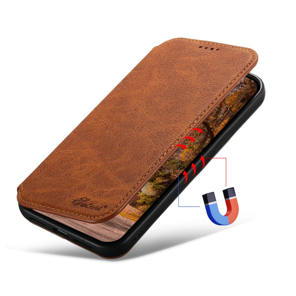 For iPhone 12/12 Pro Suteni J06 Retro Matte Litchi Texture Leather Magnetic Magsafe Phone Case(Khaki)