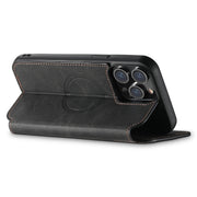 For iPhone 12 Pro Max Suteni J06 Retro Matte Litchi Texture Leather Magnetic Magsafe Phone Case(Black)