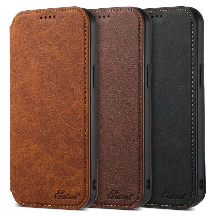 For iPhone 12 Pro Max Suteni J06 Retro Matte Litchi Texture Leather Magnetic Magsafe Phone Case(Khaki)