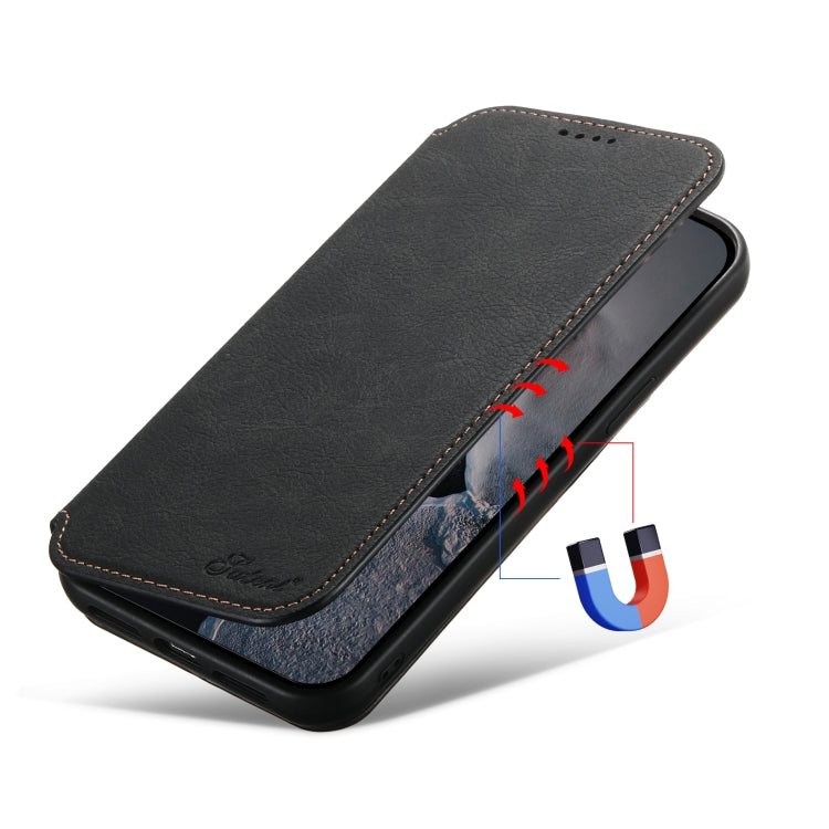 For iPhone 13 Pro Max Suteni J06 Retro Matte Litchi Texture Leather Magnetic Magsafe Phone Case(Black)