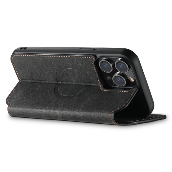 For iPhone 14 Suteni J06 Retro Matte Litchi Texture Leather Magnetic Magsafe Phone Case(Black)