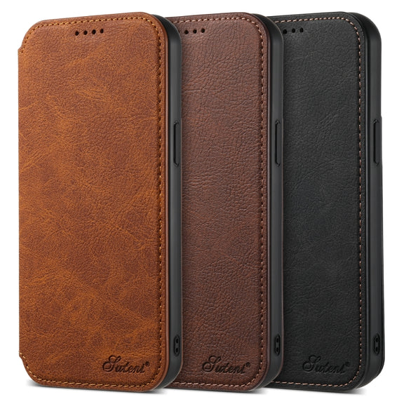 For iPhone 14 Suteni J06 Retro Matte Litchi Texture Leather Magnetic Magsafe Phone Case(Khaki)