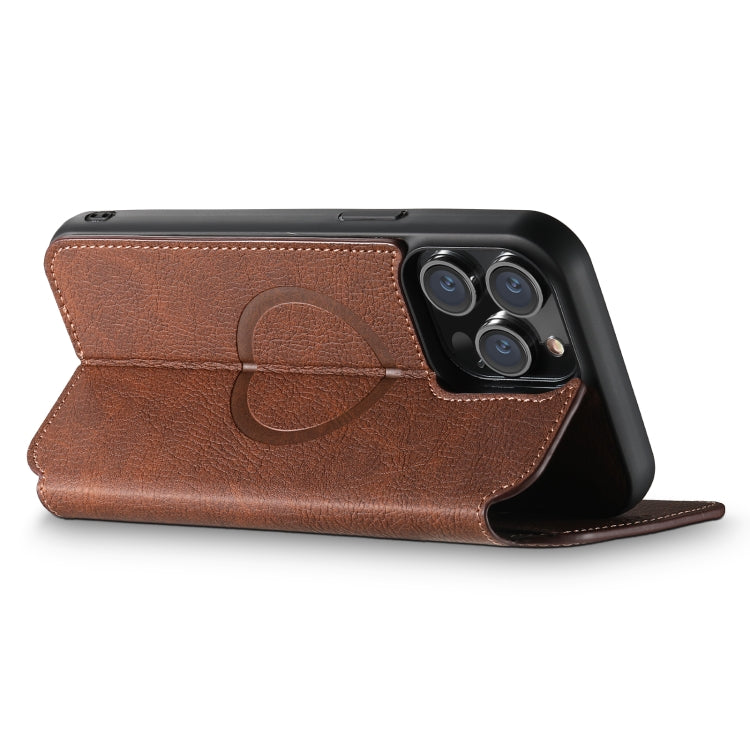 For iPhone 14 Plus Suteni J06 Retro Matte Litchi Texture Leather Magnetic Magsafe Phone Case(Brown)