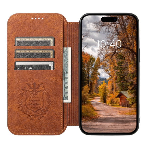 For iPhone 14 Plus Suteni J06 Retro Matte Litchi Texture Leather Magnetic Magsafe Phone Case(Khaki)