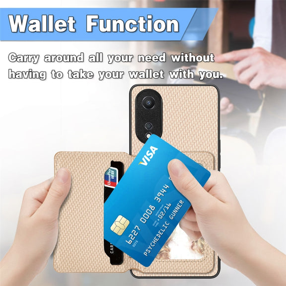 For OPPO A78 Carbon Fiber Magnetic Card Bag Phone Case(Khaki)