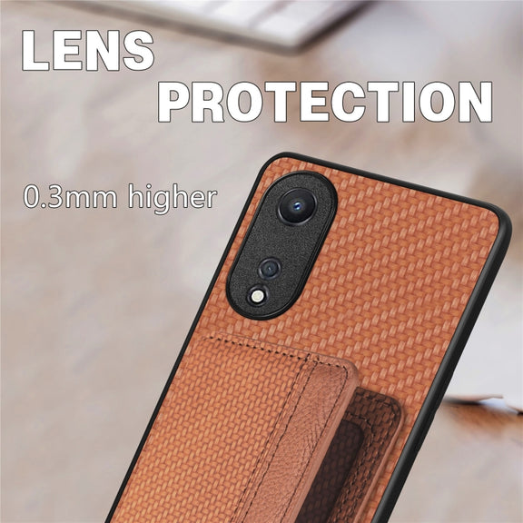 For OPPO A78 Carbon Fiber Magnetic Card Bag Phone Case(Khaki)