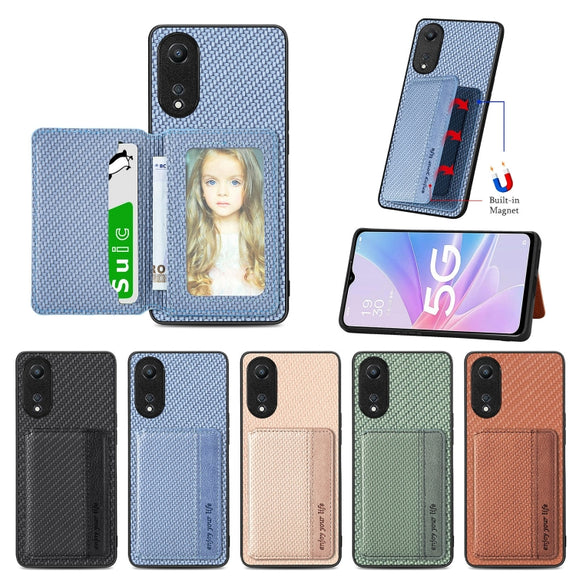For OPPO A78 Carbon Fiber Magnetic Card Bag Phone Case(Khaki)