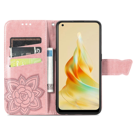 For OPPO Reno8 T 4G Butterfly Love Flower Embossed Leather Phone Case(Rose Gold)
