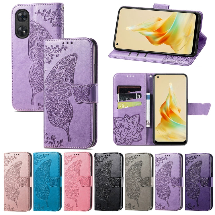For OPPO Reno8 T 4G Butterfly Love Flower Embossed Leather Phone Case(Rose Gold)