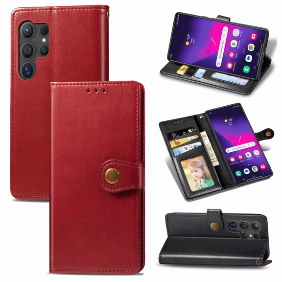 For Samsung Galaxy S25 Ultra 5G Retro Solid Color Buckle Leather Phone Case(Red)