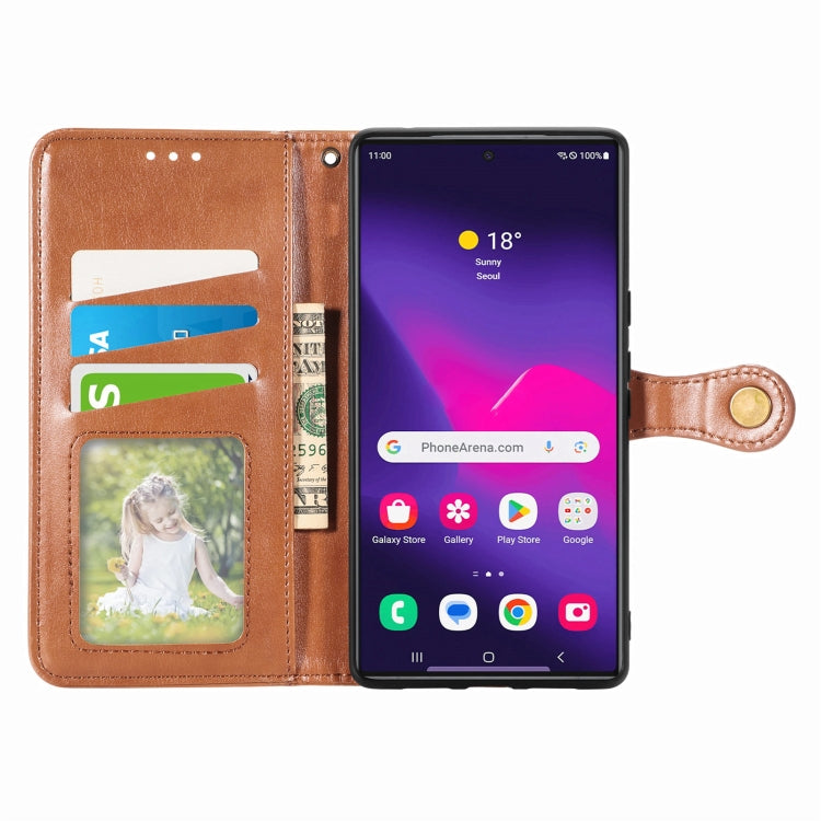 For Samsung Galaxy S25+ 5G Retro Solid Color Buckle Leather Phone Case(Brown)